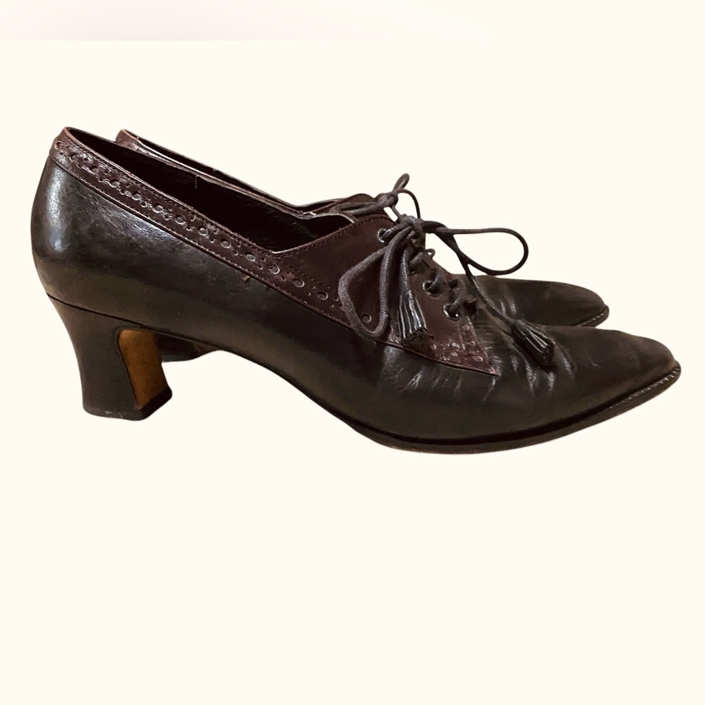 Amalfi Pillow Black & Brown Granny Steampunk Oxford Lace-Up Booties Italy 7.5 AA